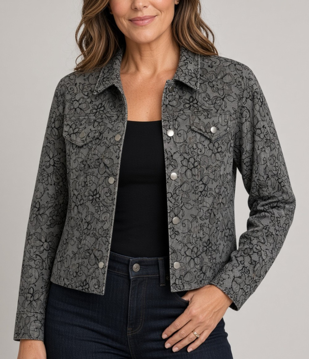 White House Black Market Jacket Womens L Black Gray Lace Floral Print Stretch